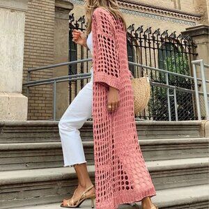 Pink Casual Women's Solid Color Hollow Out Spring/Summer Knitted Cardigan